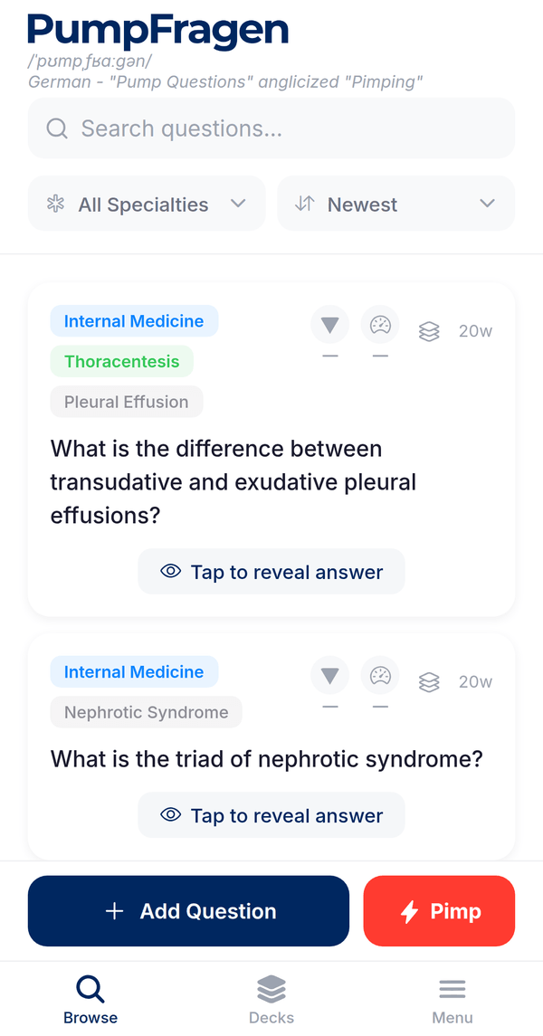 PumpFragen browse screen with questions filtered by specialty