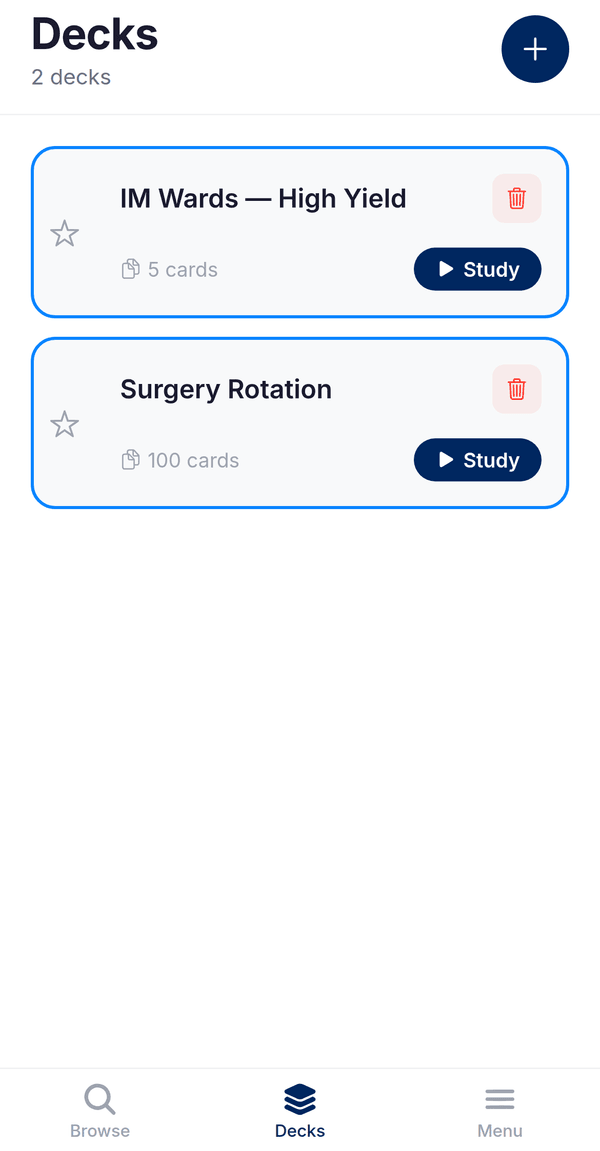 PumpFragen decks screen showing saved flashcard decks