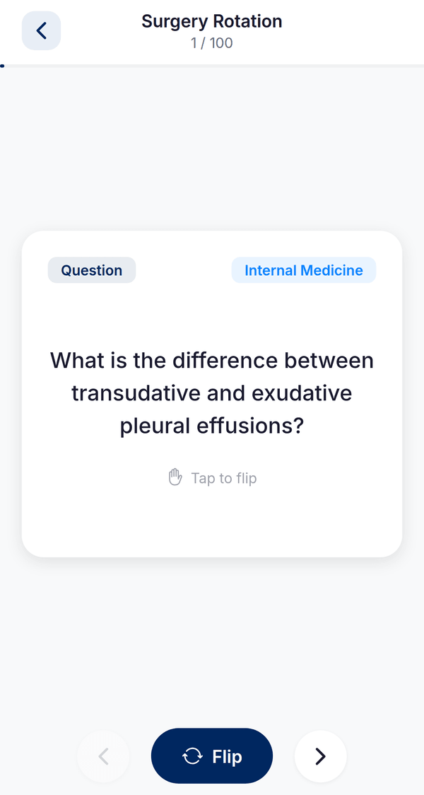 PumpFragen study mode showing a flashcard with tap to flip